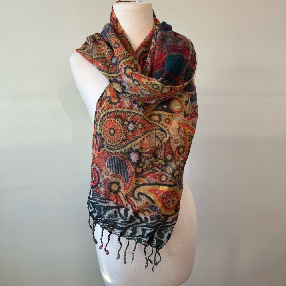 Artsy Boho 100% Wool Mixed Print Paisley Multicolor Scarf with Fringe